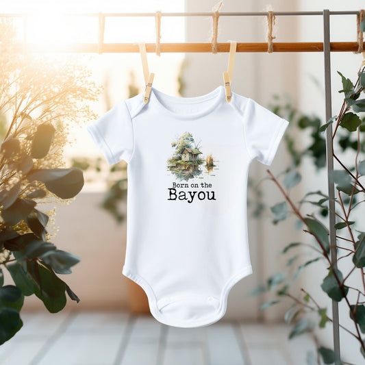 New Release, Baby Bodysuit, Born on the Bayou Cabin Piece Baby Suit, Baby Gift, Long / Short Sleeve, 0-18 Months size