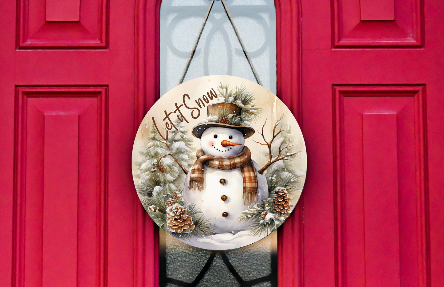 New Release Brown Snowman Let it Snow Sign, Farmhouse Christmas Round Wood Sign, Door Hanger Wreath Sign