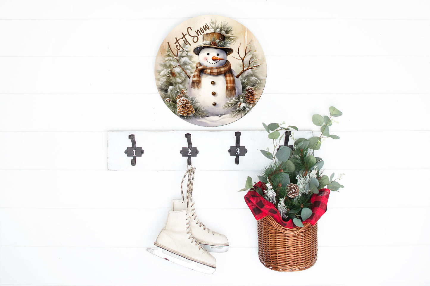 New Release Brown Snowman Let it Snow Sign, Farmhouse Christmas Round Wood Sign, Door Hanger Wreath Sign