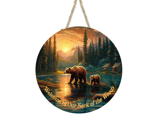 New Release Bears at Sunset Welcome Sign, Farmhouse Round Wood Sign, Door Hanger Wreath Sign