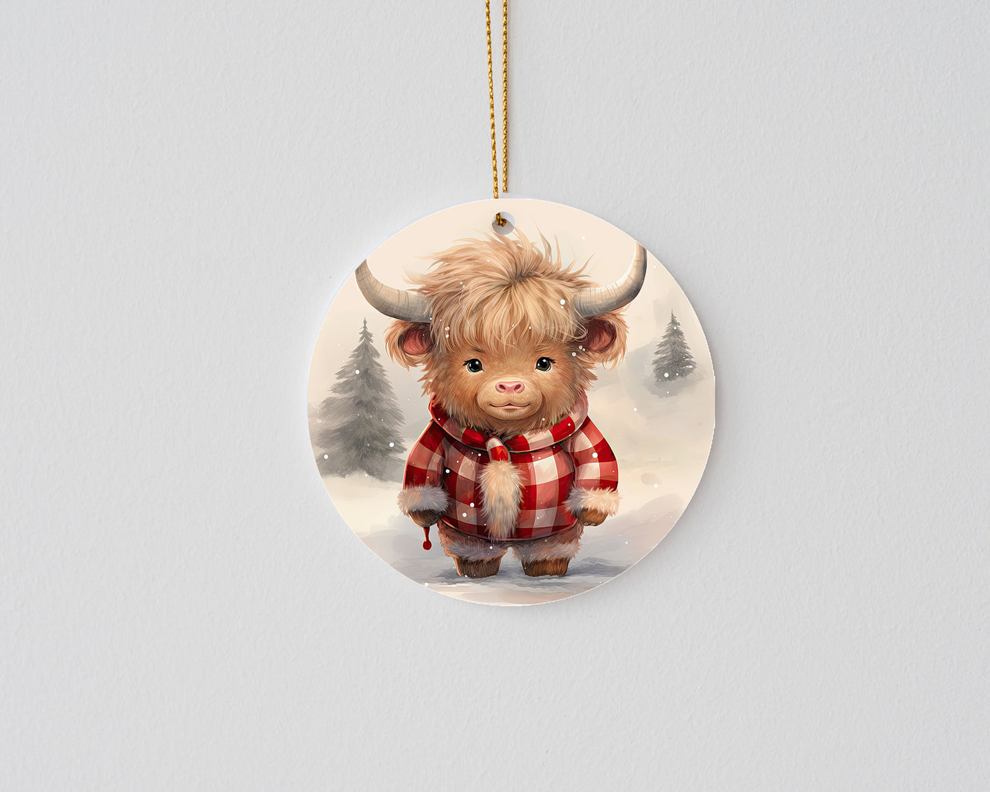 New Release Christmas Ornament, Highland Cow in Red Check Coat Ceramic Christmas Ornament