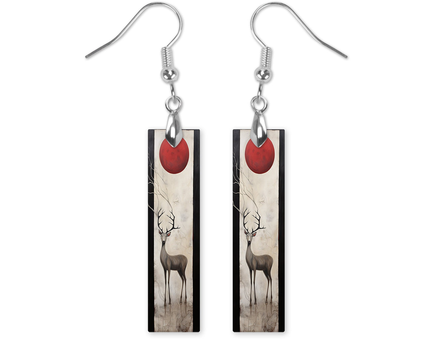 New Release Earrings, Deer and Red Moon Bar Dangle Printed Earrings Jewelry Handmade