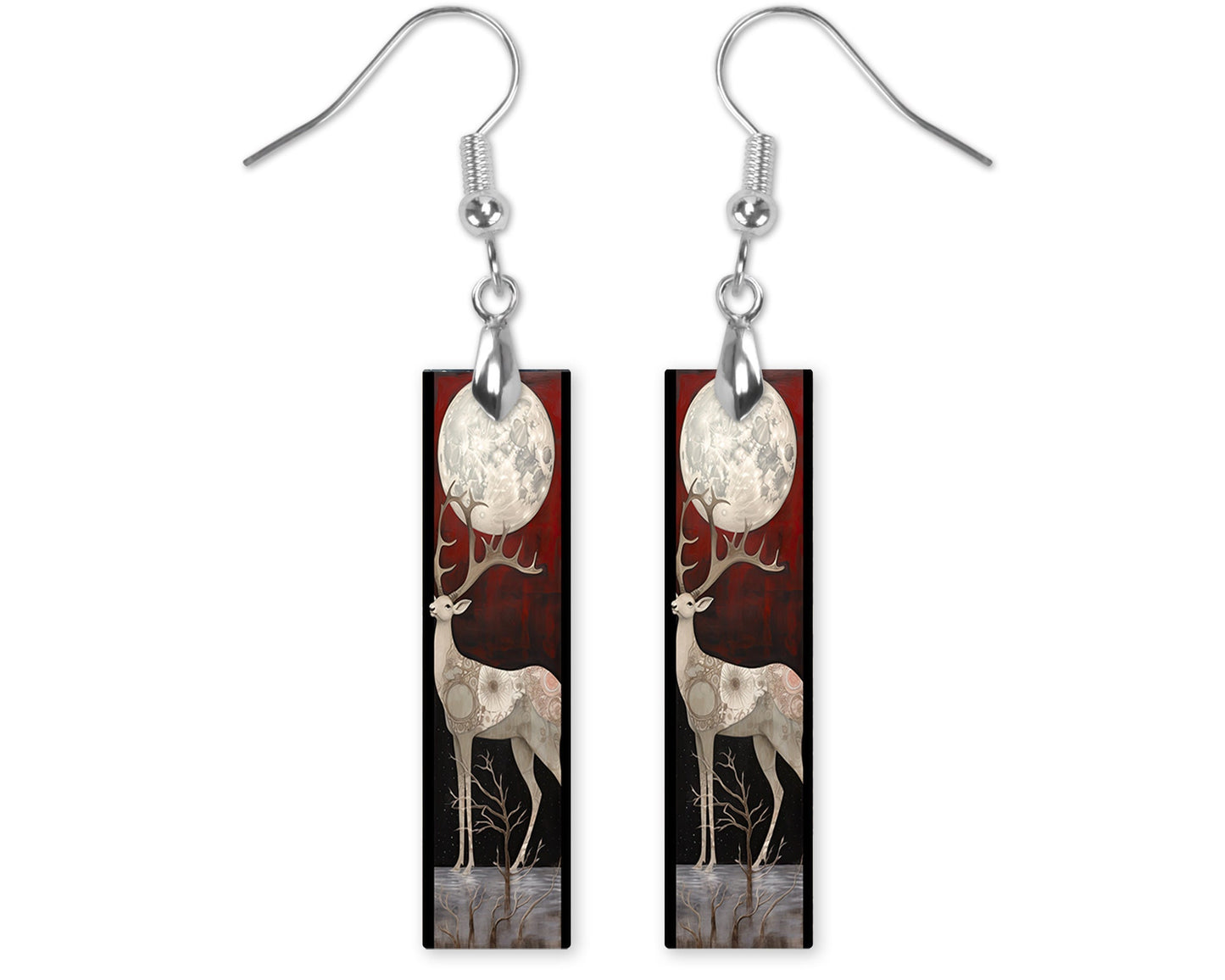 New Release Earrings, Deer Under a White Moon Bar Dangle Printed Earrings Jewelry Handmade