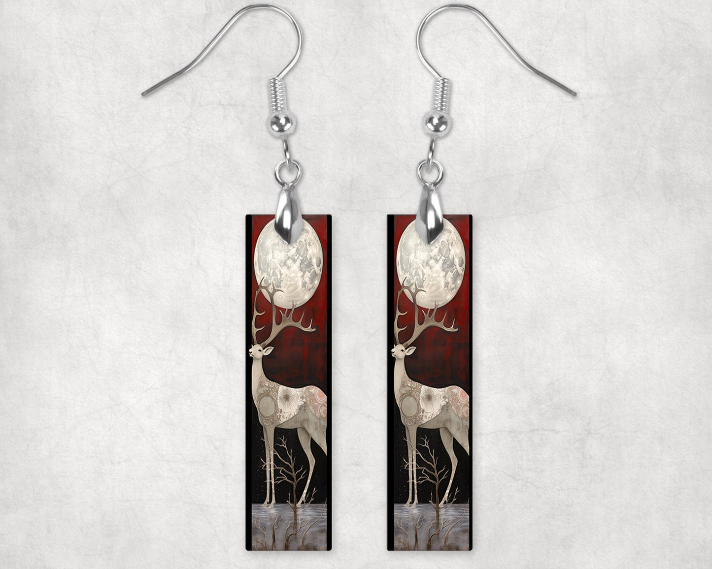 New Release Earrings, Deer Under a White Moon Bar Dangle Printed Earrings Jewelry Handmade