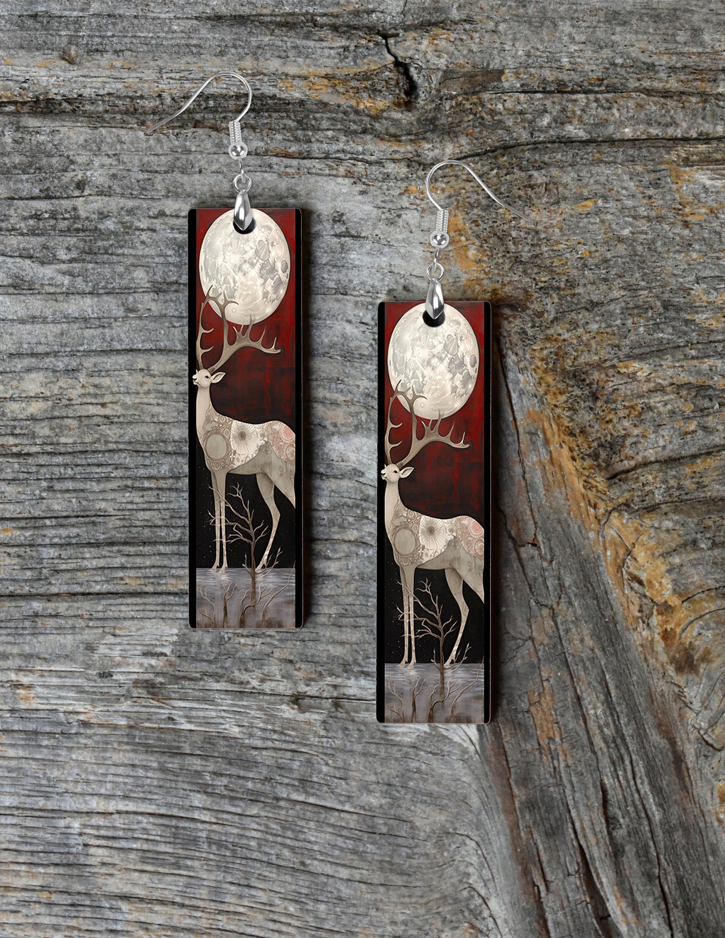 New Release Earrings, Deer Under a White Moon Bar Dangle Printed Earrings Jewelry Handmade