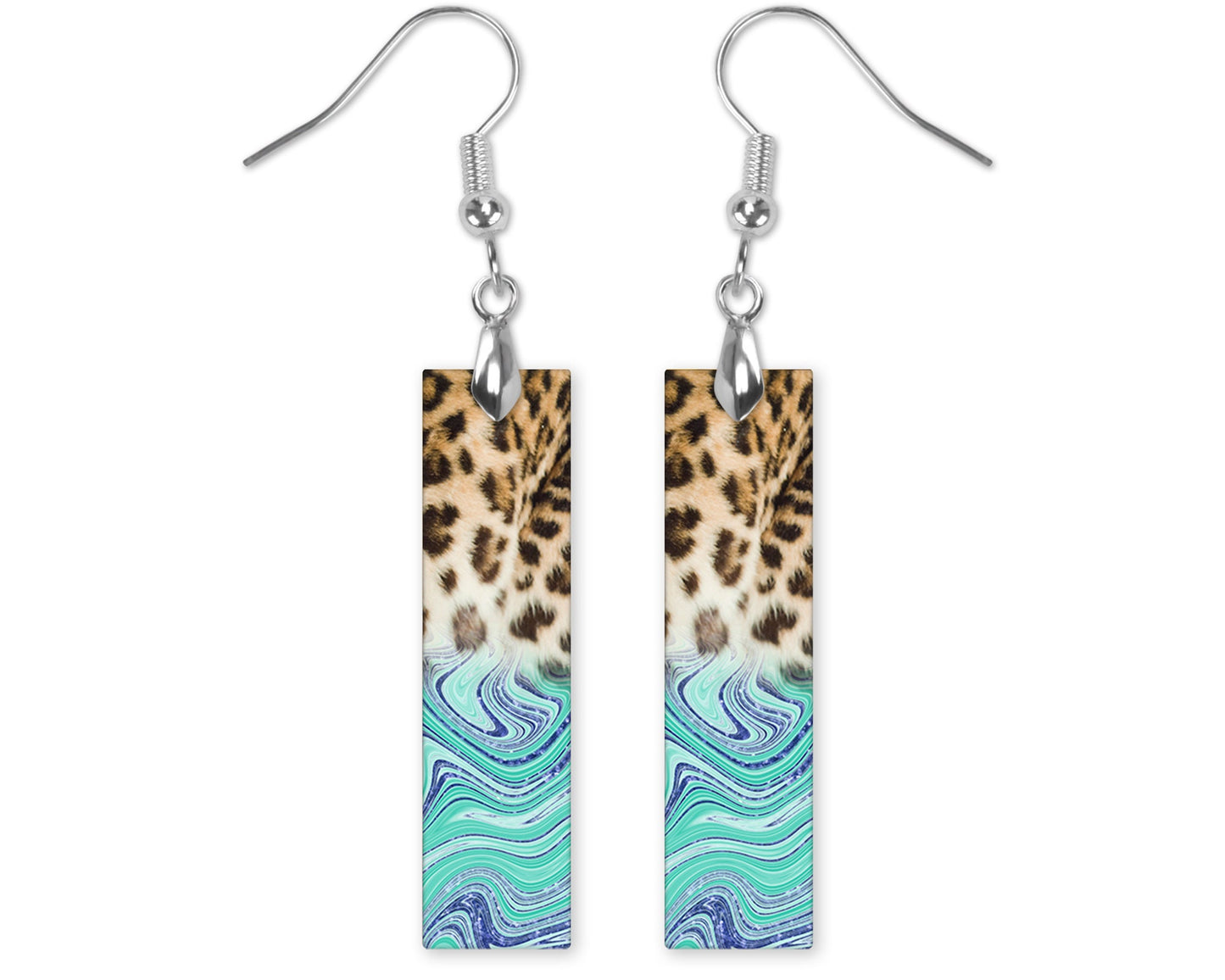 New Release Earrings, Leopard Print and Blue Swirl Bar Dangle Printed Earrings Jewelry Handmade