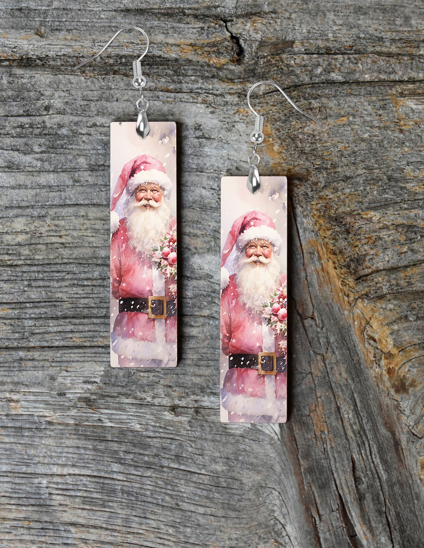 New Release Earrings, PInk Santa Christmas Bar Dangle Printed Earrings Jewelry Handmade