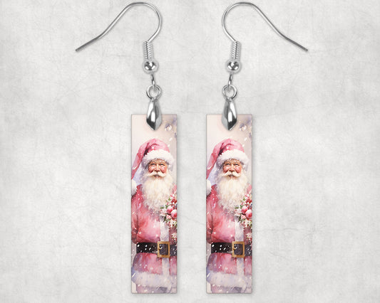 New Release Earrings, PInk Santa Christmas Bar Dangle Printed Earrings Jewelry Handmade