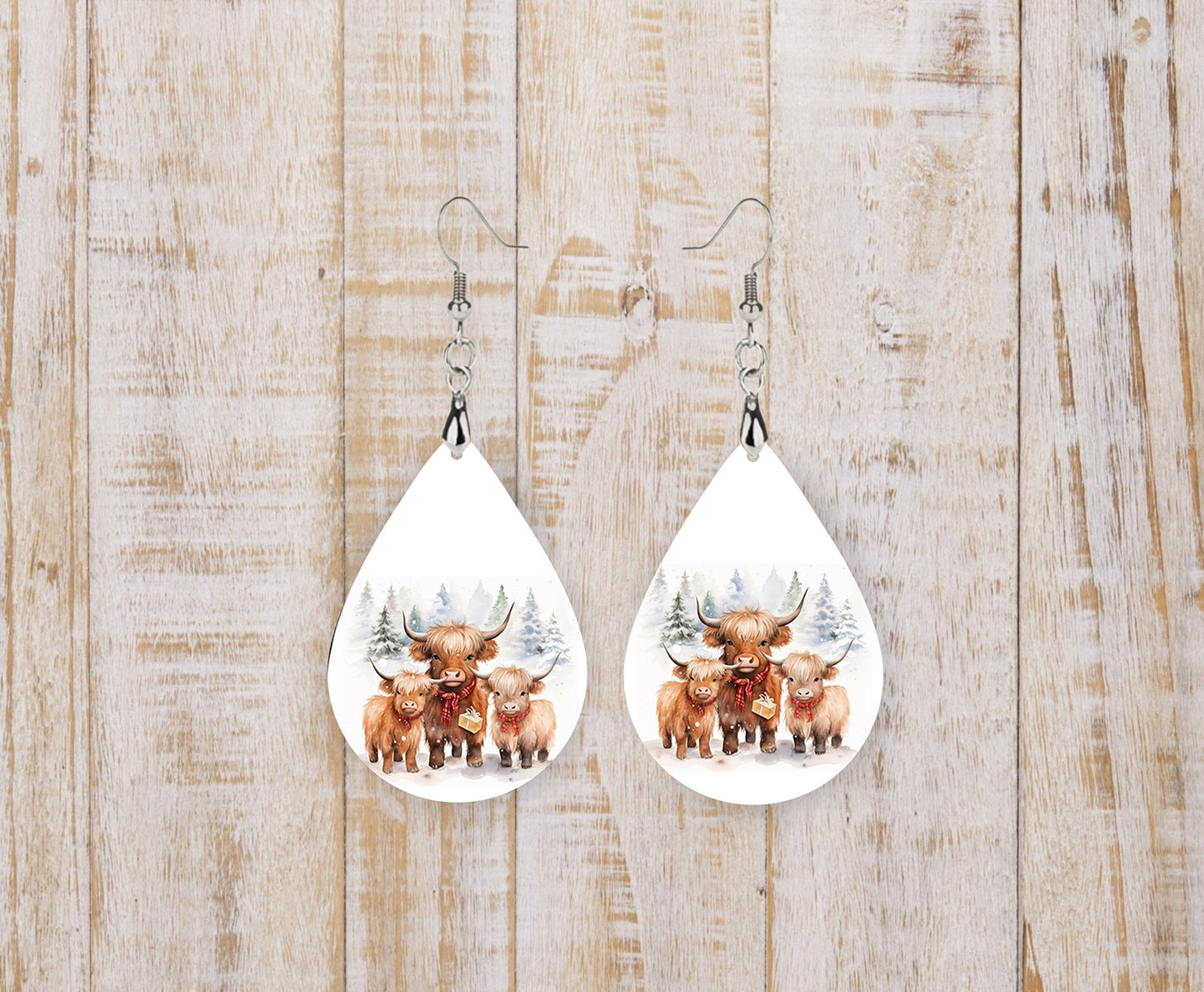 New Release Christmas Highland Cow Trio, Tear Drop Dangle Printed Earrings Jewelry Handmade