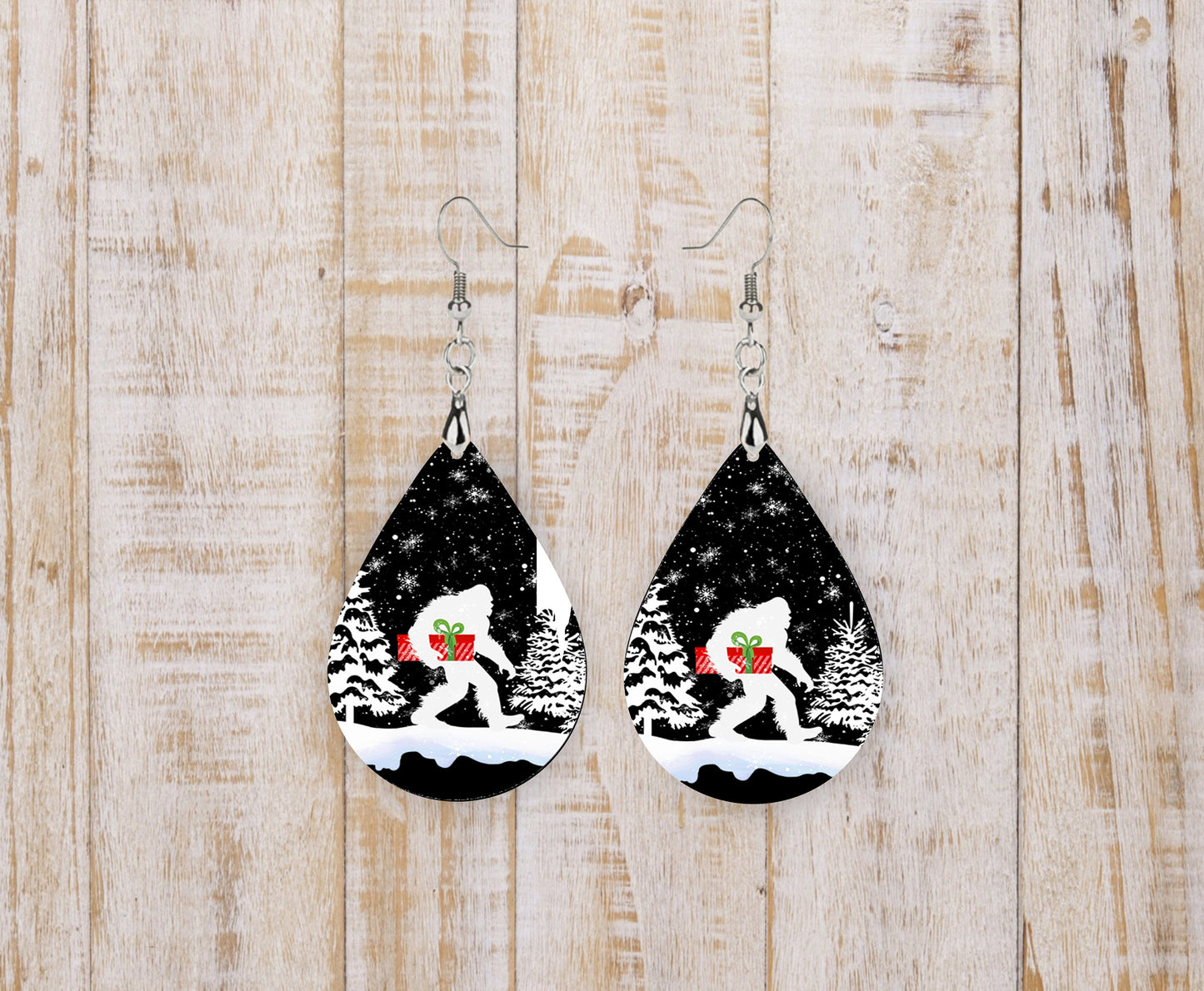 New Release Snowy Christmas Bigfoot Earrings Print Tear Drop Wood Dangle Earrings Hypoallergenic Jewelry