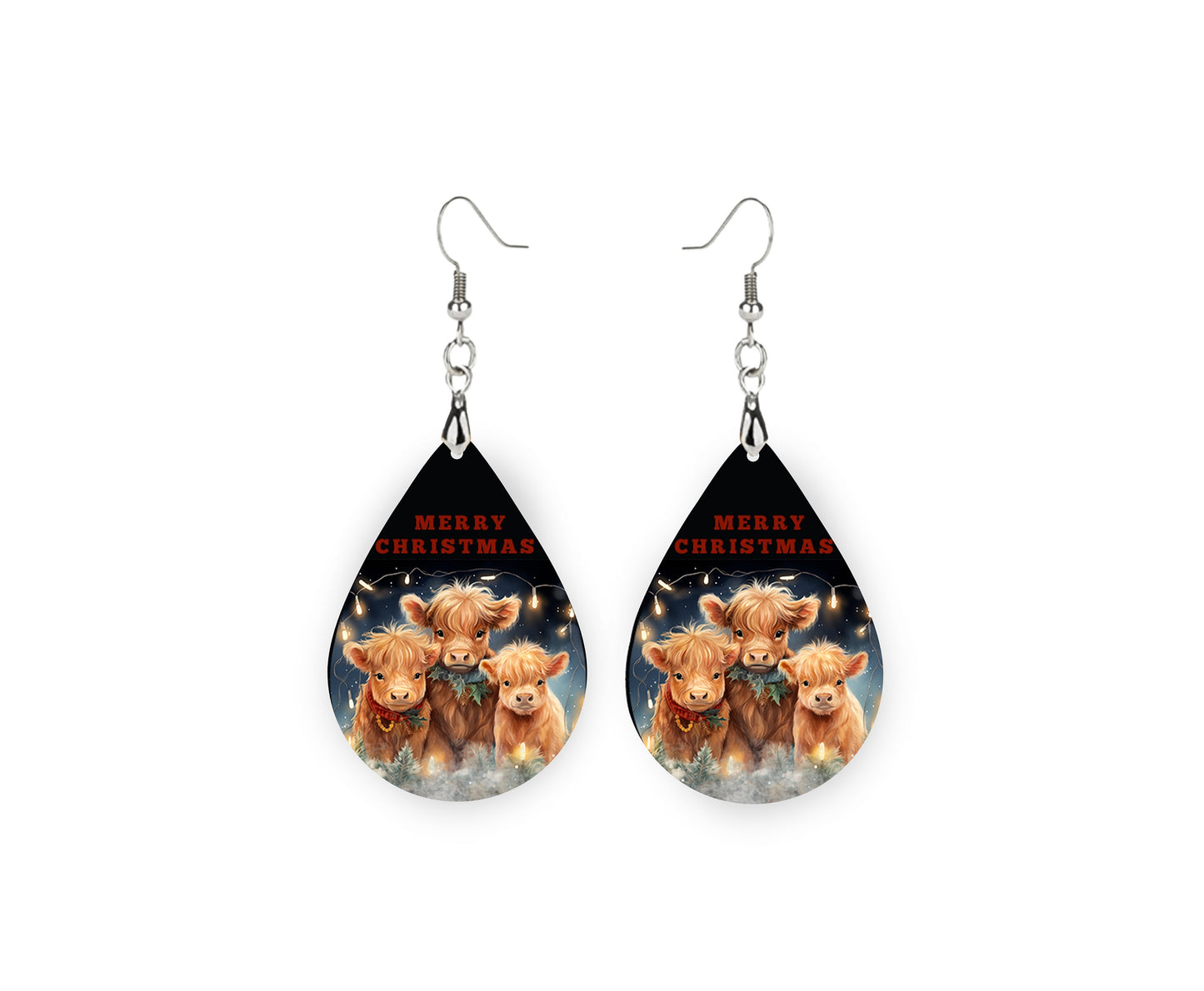 New Release Merry Christmas Highland Cow, Tear Drop Dangle Printed Earrings Jewelry Handmade