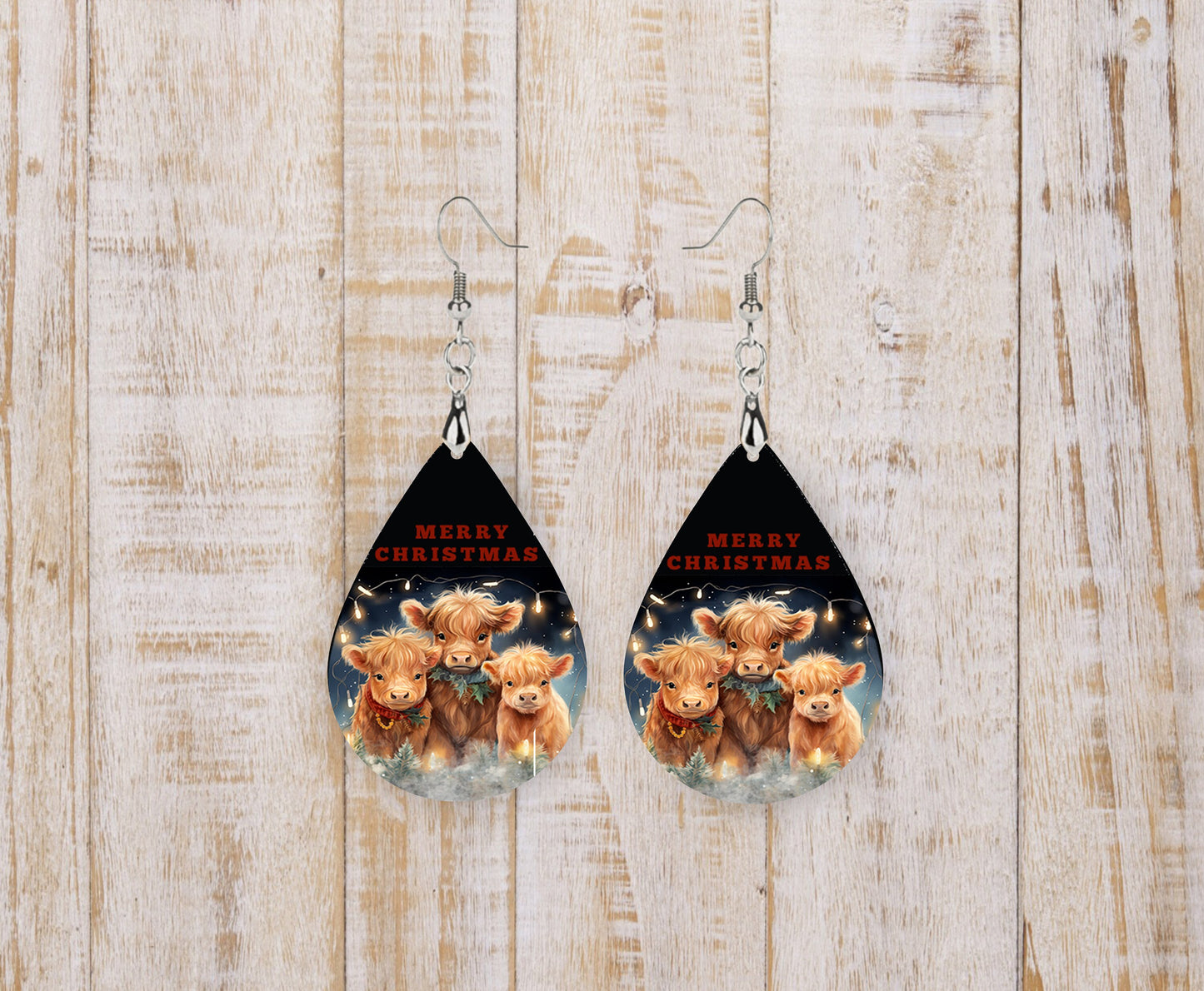 New Release Merry Christmas Highland Cow, Tear Drop Dangle Printed Earrings Jewelry Handmade