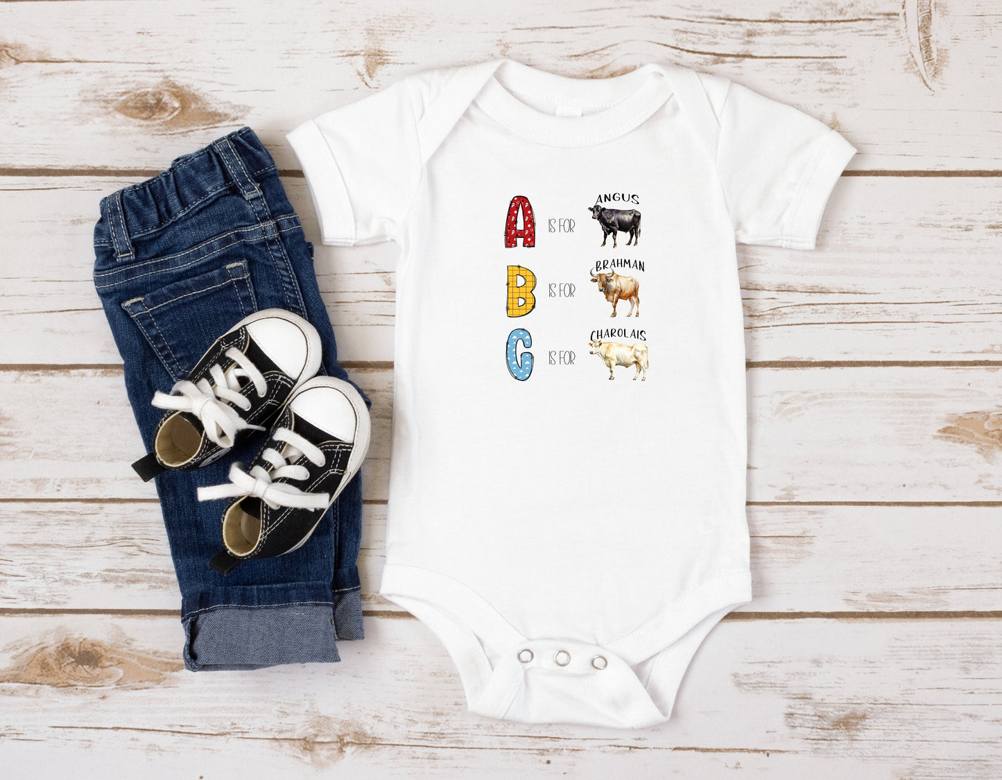 New Release, Baby Bodysuit, ABC Cows Romper, One Piece Baby Suit, Country Baby, Long or Short Sleeve, Unisex, 0-18 Months sizes