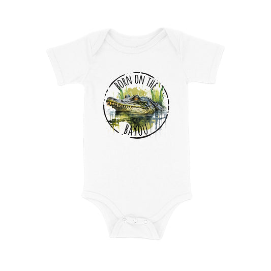 New Release, Baby Bodysuit, Born on the Bayou Alligator Piece Baby Suit, Baby Gift, Long / Short Sleeve, 0-18 Months size