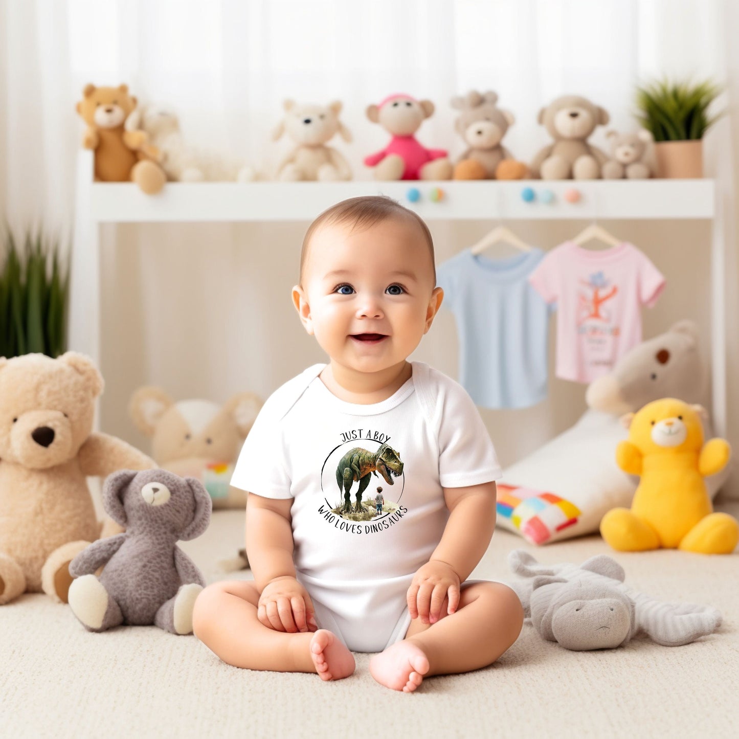 New Release, Baby Bodysuit, Just a Boy Who Loves Dinosaurs T-Rex Piece Baby Suit, Baby Gift, Long / Short Sleeve, 0-18 Months size