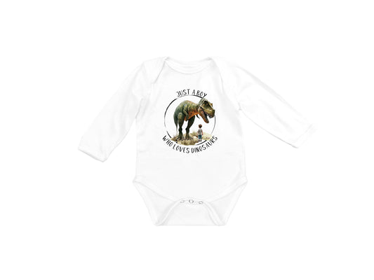 New Release, Baby Bodysuit, Just a Boy Who Loves Dinosaurs T-Rex Piece Baby Suit, Baby Gift, Long / Short Sleeve, 0-18 Months size