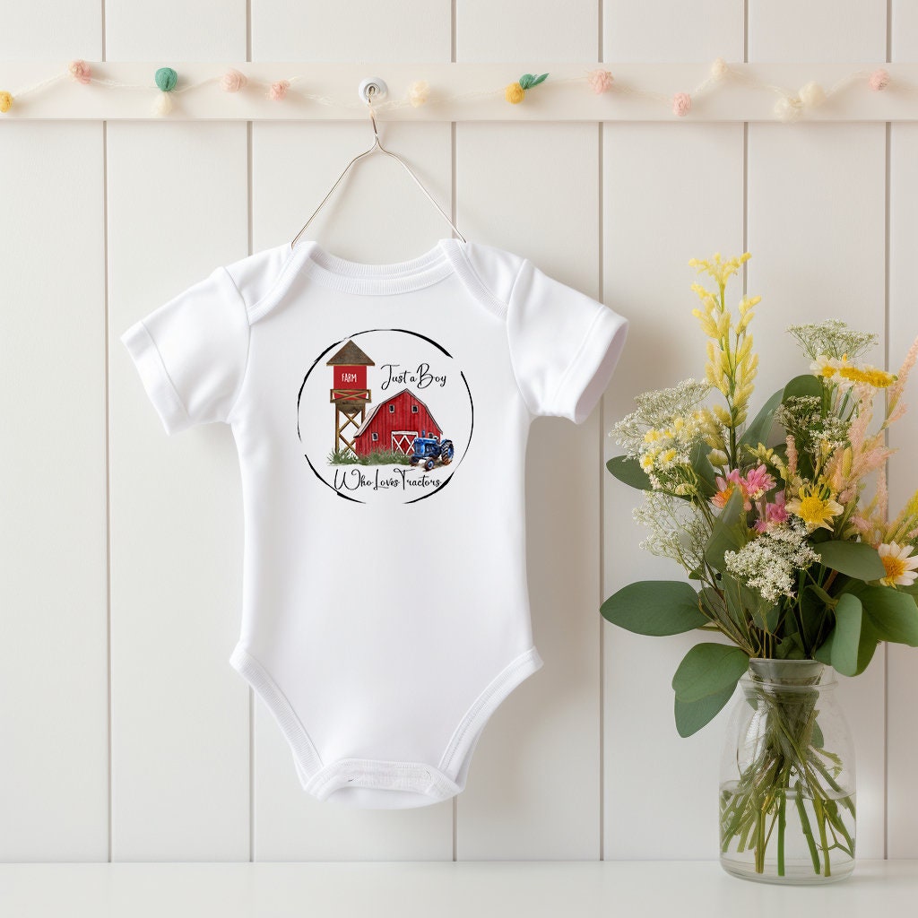 New Release, Baby Bodysuit, Just a Boy Who Loves Tractors One Piece Baby Suit, Baby Gift, Long / Short Sleeve, 0-18 Months size