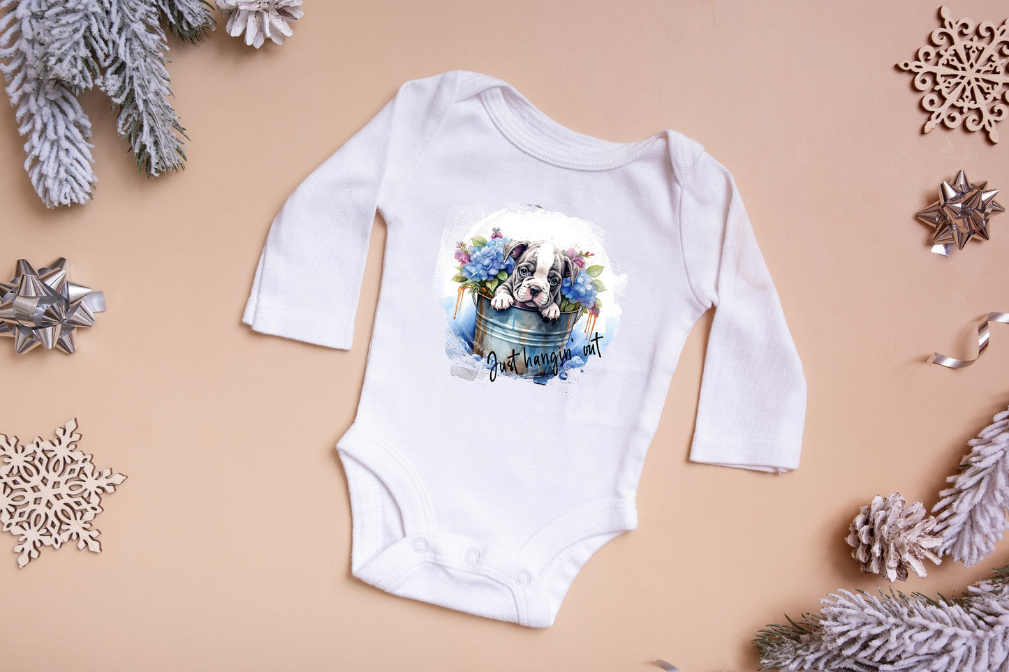 New Release, Baby Bodysuit, Bulldog Just Hanging Out One Piece Baby Suit, Baby Gift, Long / Short Sleeve, 0-18 Months size