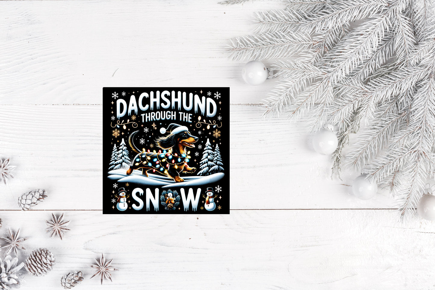 New Release, Christmas Ornament, Dachshund Through the Snow on Black, Tier Tray Decor, Wreath Sign, Mini Sign, Door Hanger