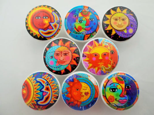 Set of 8 Bright Sun and Moon Cabinet Knobs